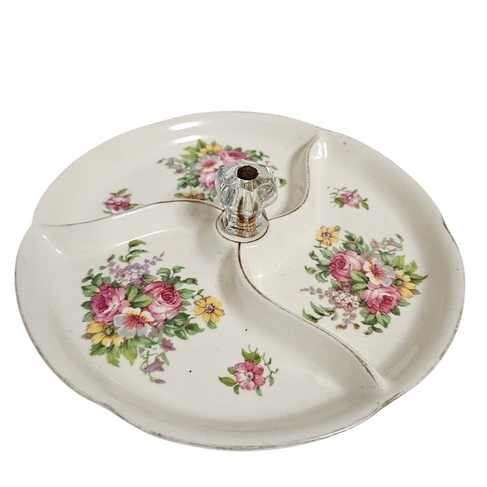 Vintage Made In Japan Serving Dish 8.5" Cream Floral‎ Divided Candy Tray Handle